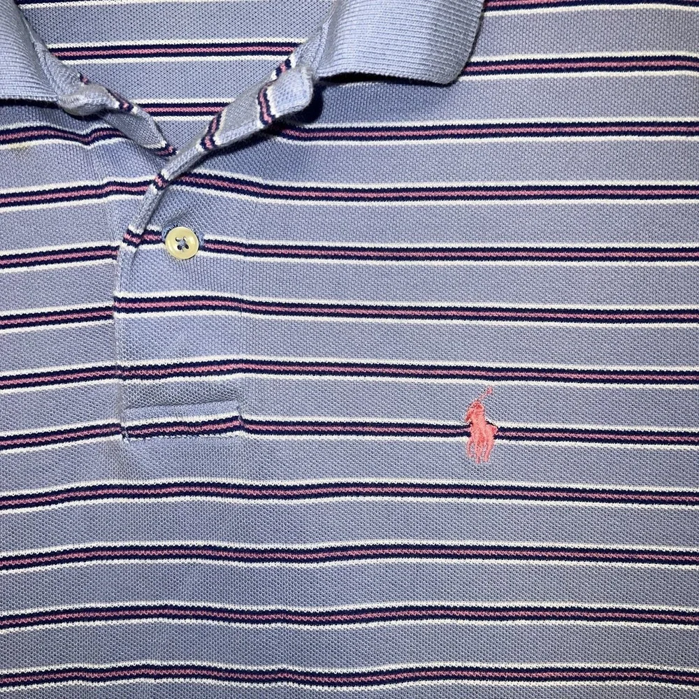 VTG Polo Ralph Lauren Shirt Men's Size M Blue Pink Striped‎ Pink Pony Polo